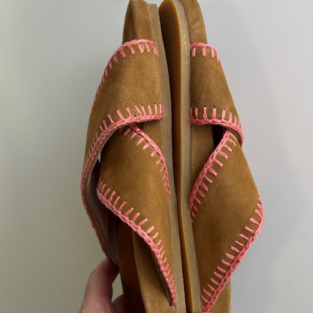 Laidback London Women's Brown Suede Crisscross Sandals with Pink Stitching NWOT - Picture 7 of 9